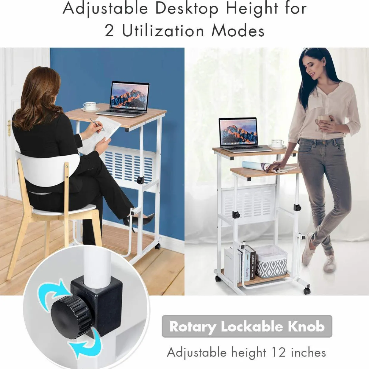 Tangkula Mobile Standing Desk, Height Adjustable Laptop Cart Computer Workstation