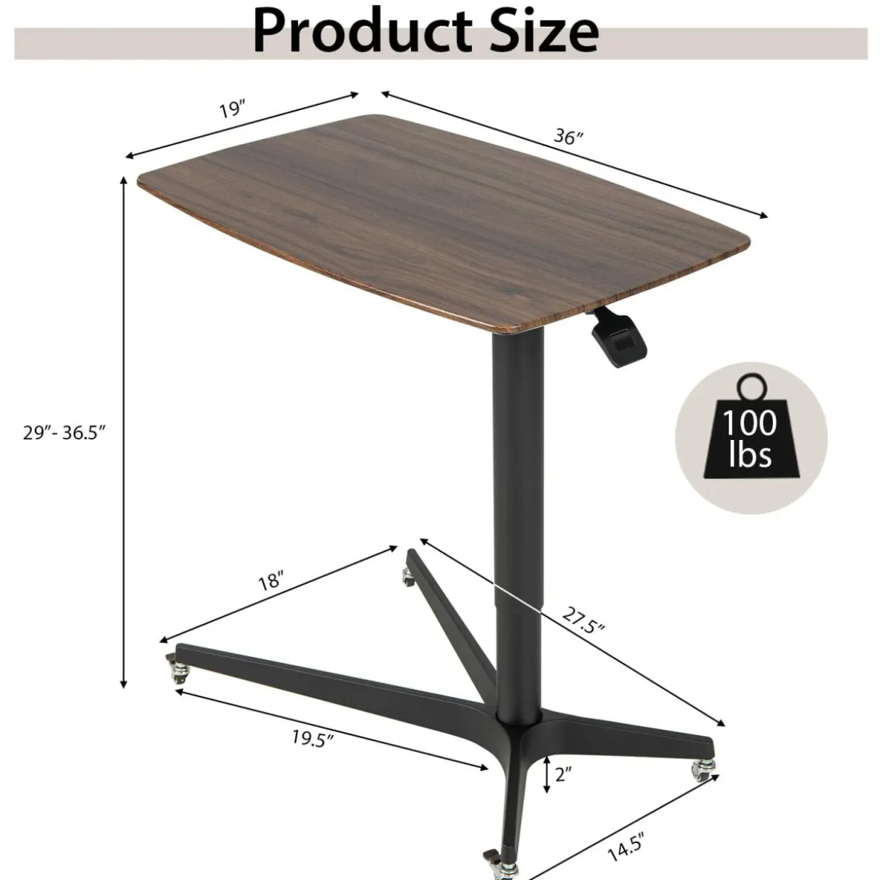 Tangkula Mobile Standing Desk, Height Adjustable Overbed Table, Pneumatic Bedside Table