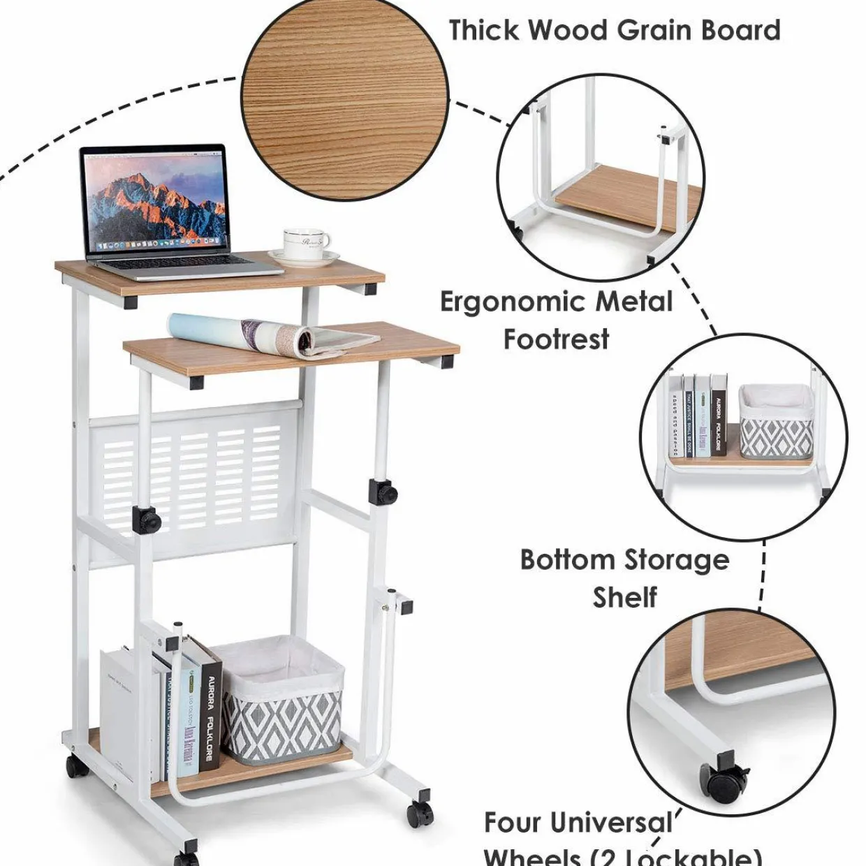Tangkula Mobile Standing Desk, Height Adjustable Laptop Cart Computer Workstation