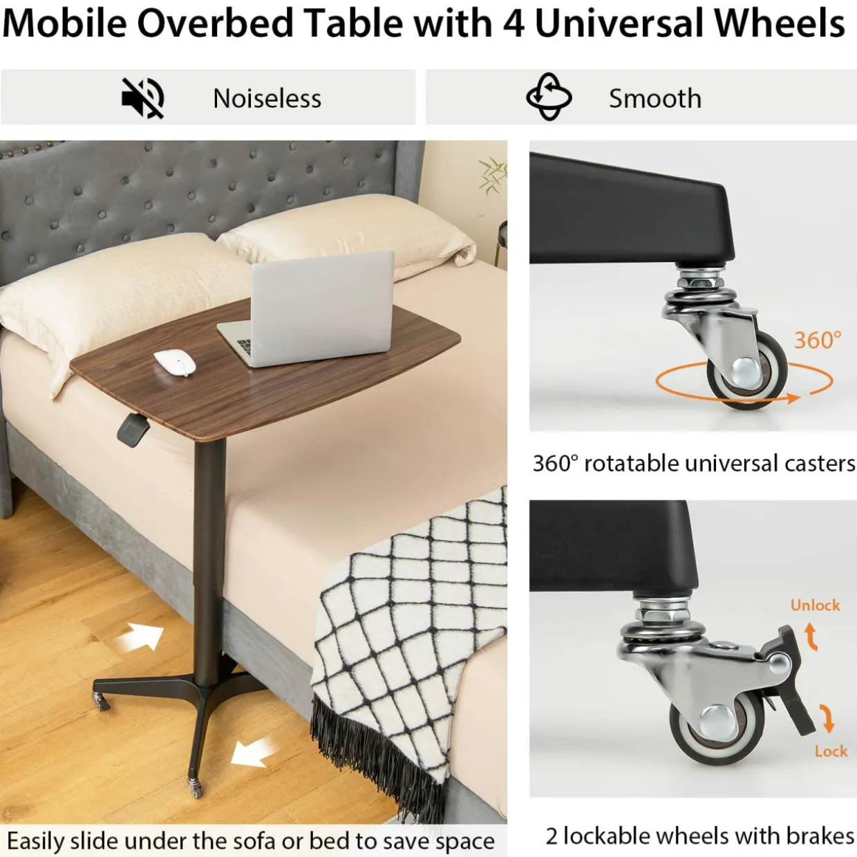 Tangkula Mobile Standing Desk, Height Adjustable Overbed Table, Pneumatic Bedside Table
