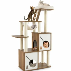 Tangkula Modern Cat Tree, 57 Inch Wood Cat Tower with Sisal Scratching Posts, Padded Top Perch