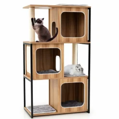 Tangkula Modern Cat Tree, 52 Inch Wooden Cat Condos with Metal Frame, Sisal Scratching Posts & Board