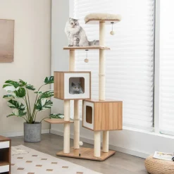 Tangkula Modern Cat Tree for Indoor Cats, 64.5 Inch Tall Cat Tower with Sisal Scratching Posts