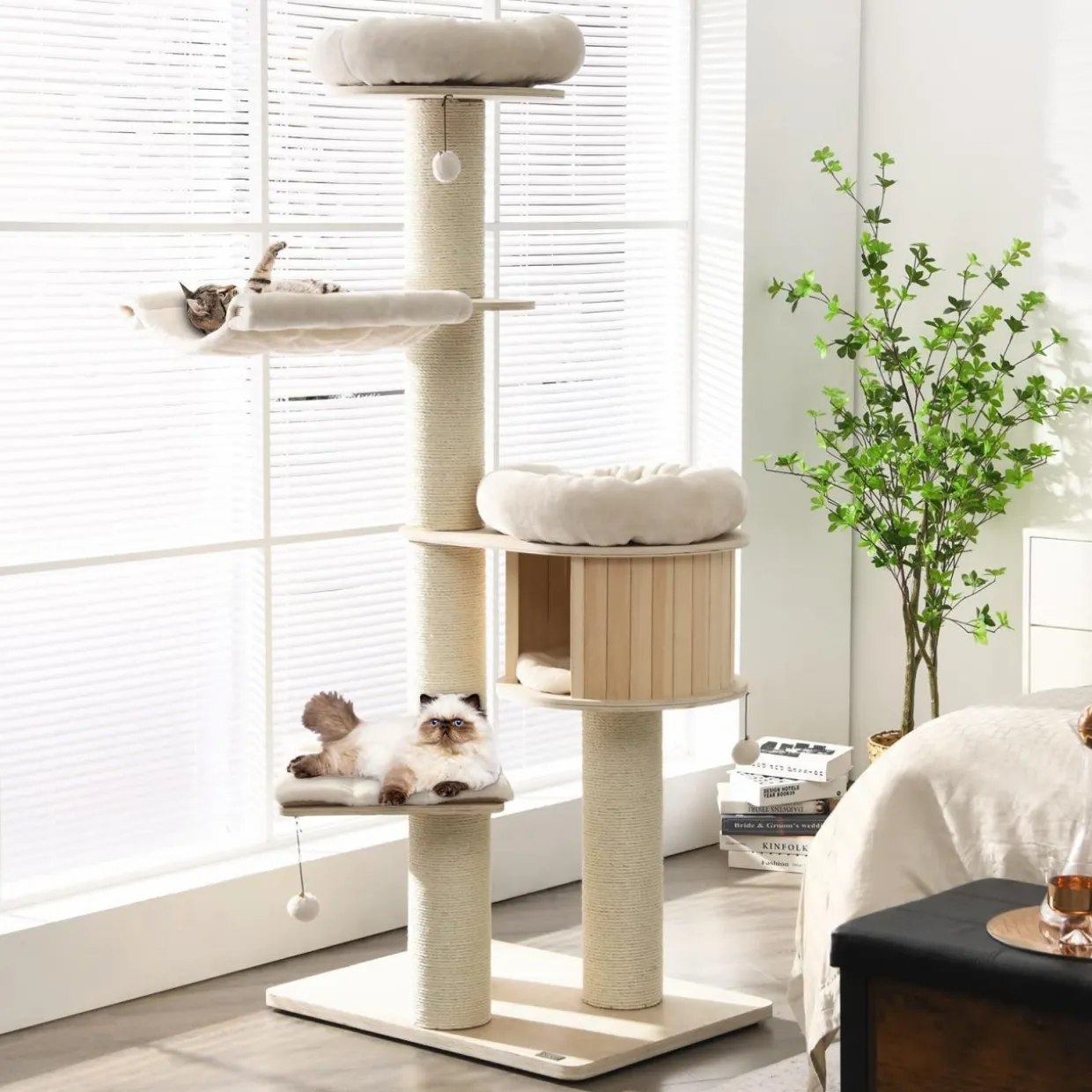 Tangkula Modern Cat Tree, Multi-Level Large Cat Tower w/Cat Condo, Hammocks & Hanging Basket