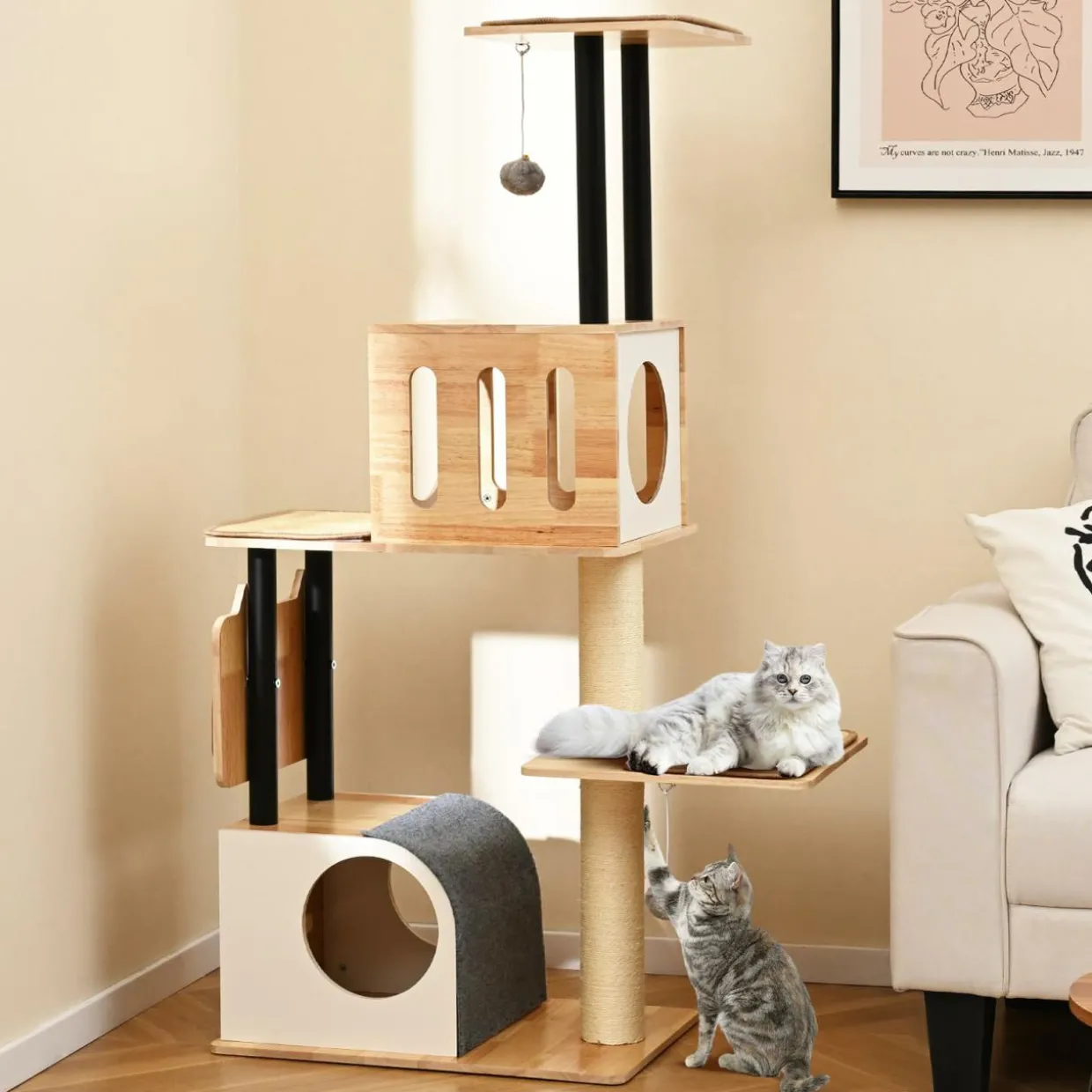 Tangkula Modern Cat Tree, Tall Multi-Level Cat Tower with Double Condos, Jumping Platforms