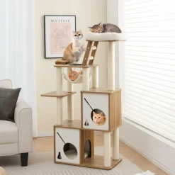 Tangkula Modern Cat Tree, 57 Inch Wood Cat Tower with Sisal Scratching Posts, Padded Top Perch