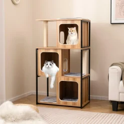 Tangkula Modern Cat Tree, 52 Inch Wooden Cat Condos with Metal Frame, Sisal Scratching Posts & Board