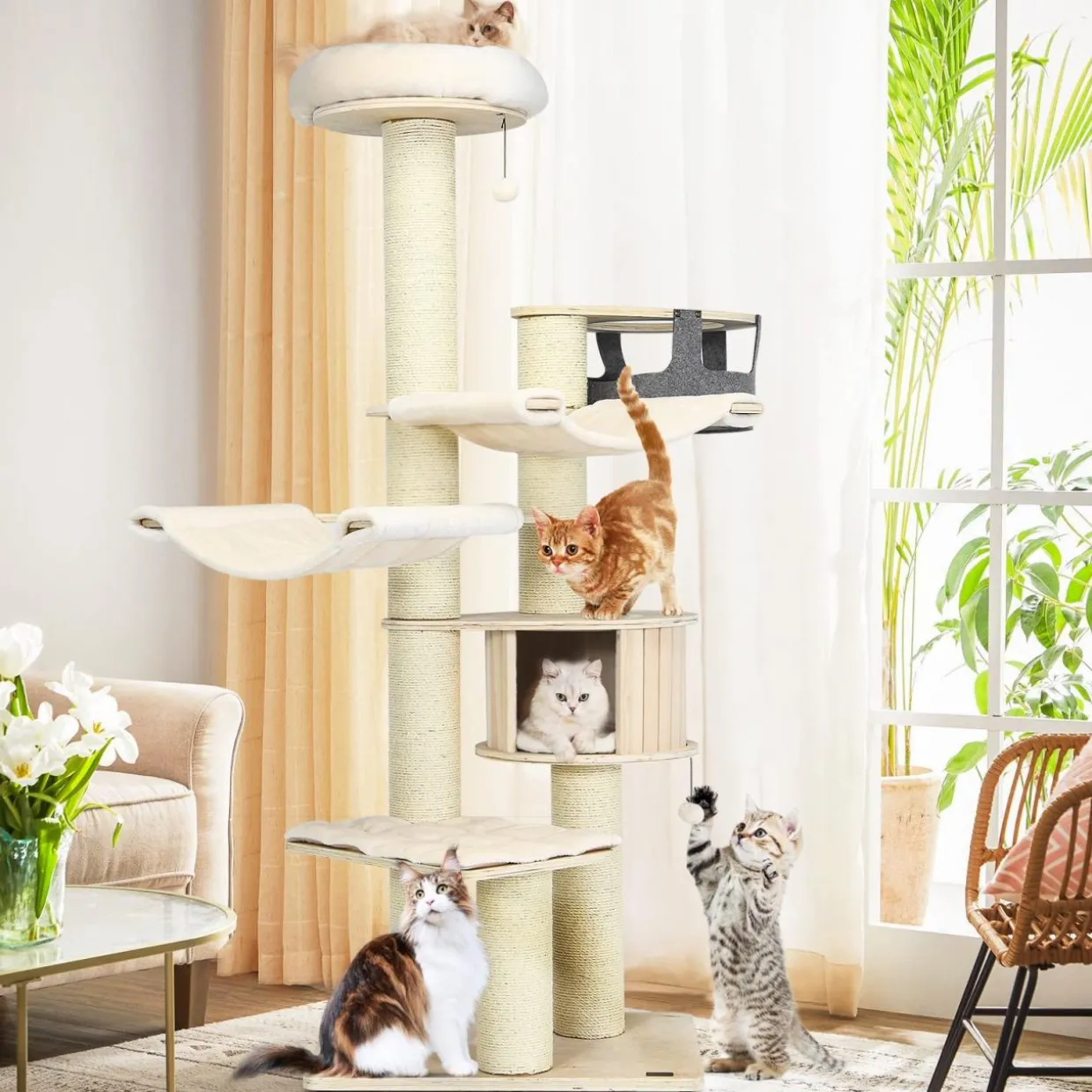 Tangkula Modern Cat Tree, Multi-Level Large Cat Tower with Sisal Scratching Posts, Hammocks, Hanging Basket