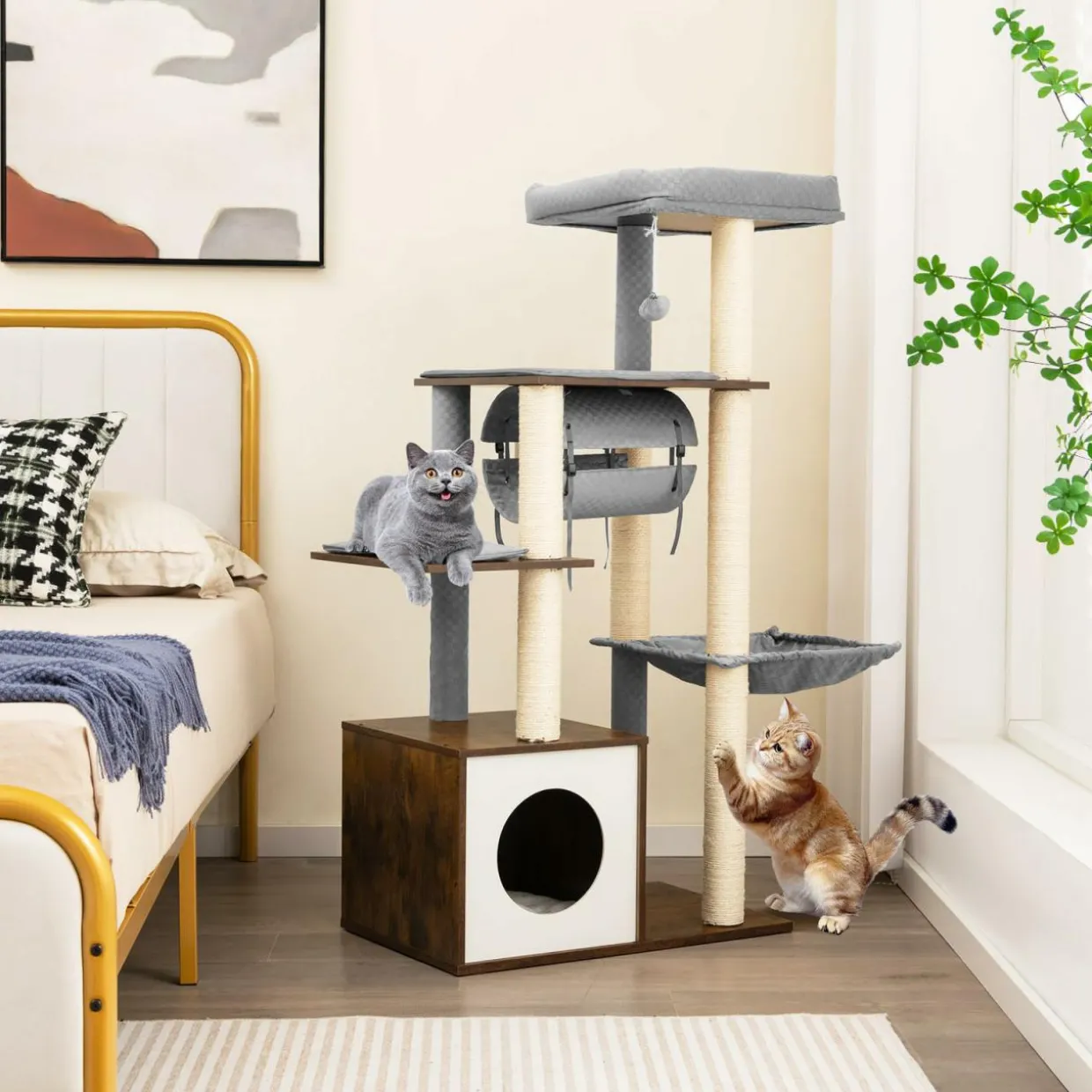 Tangkula Modern Cat Tree for Indoor Cats, 53 Inch Tall Cat Tree Tower with Hammock, Sisal Scratching Posts, Top Perch, Tunnel & Cat Condo