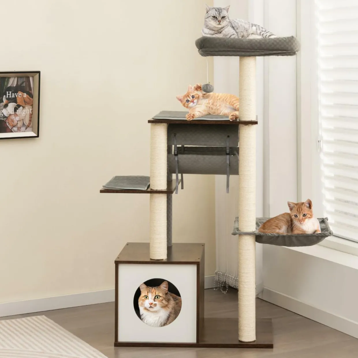 Tangkula Modern Cat Tree for Indoor Cats, 53 Inch Tall Cat Tree Tower with Hammock, Sisal Scratching Posts, Top Perch, Tunnel & Cat Condo