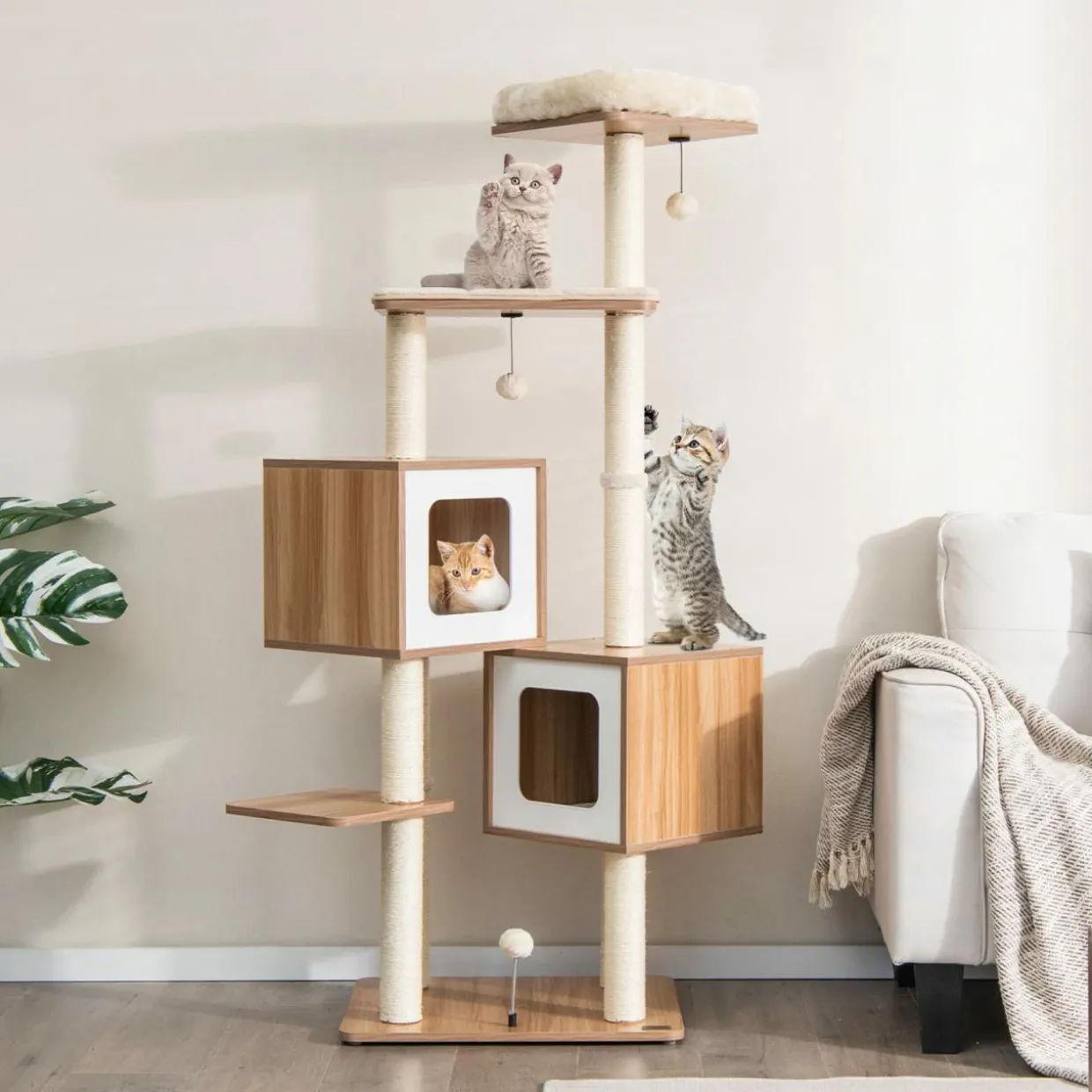 Tangkula Modern Cat Tree for Indoor Cats, 64.5 Inch Tall Cat Tower with Sisal Scratching Posts