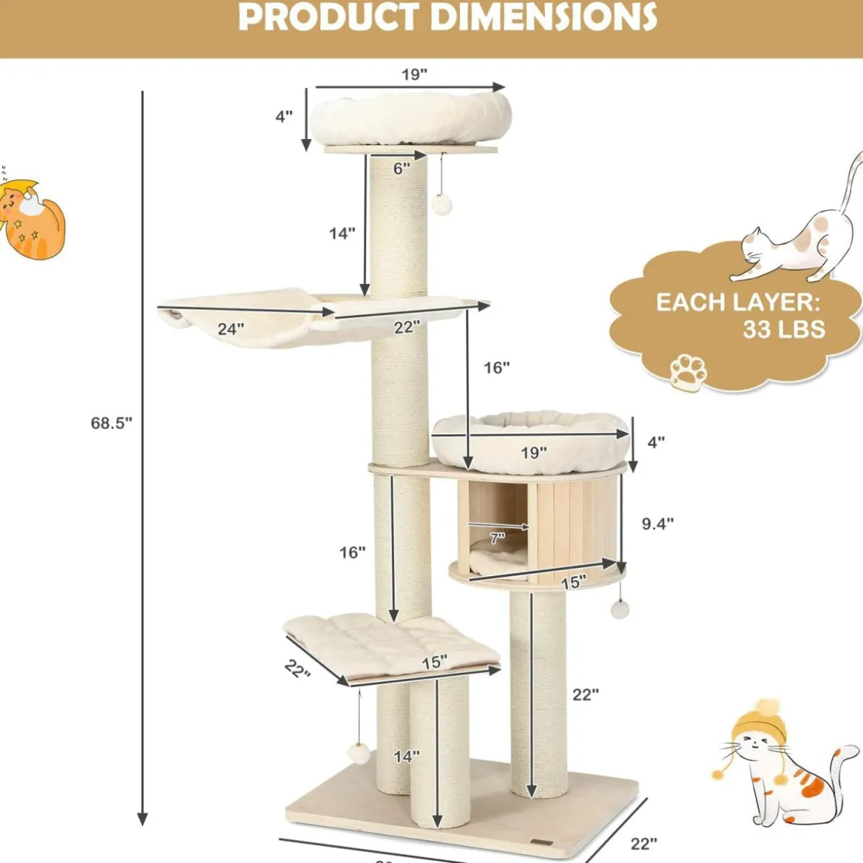 Tangkula Modern Cat Tree, Multi-Level Large Cat Tower w/Cat Condo, Hammocks & Hanging Basket