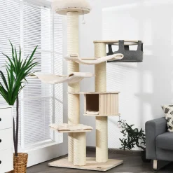 Tangkula Modern Cat Tree, Multi-Level Large Cat Tower with Sisal Scratching Posts, Hammocks, Hanging Basket