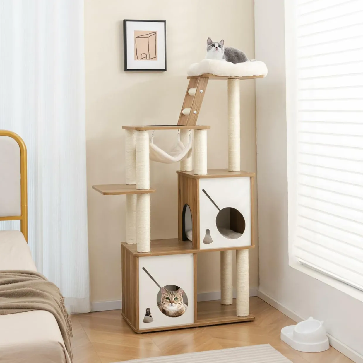 Tangkula Modern Cat Tree, 57 Inch Wood Cat Tower with Sisal Scratching Posts, Padded Top Perch