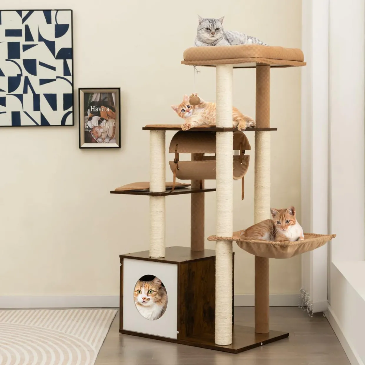 Tangkula Modern Cat Tree for Indoor Cats, 53 Inch Tall Cat Tree Tower with Hammock, Sisal Scratching Posts, Top Perch, Tunnel & Cat Condo