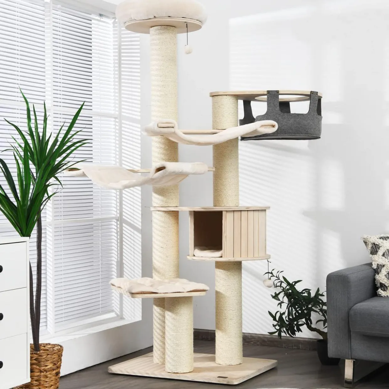 Tangkula Modern Cat Tree, Multi-Level Large Cat Tower with Sisal Scratching Posts, Hammocks, Hanging Basket