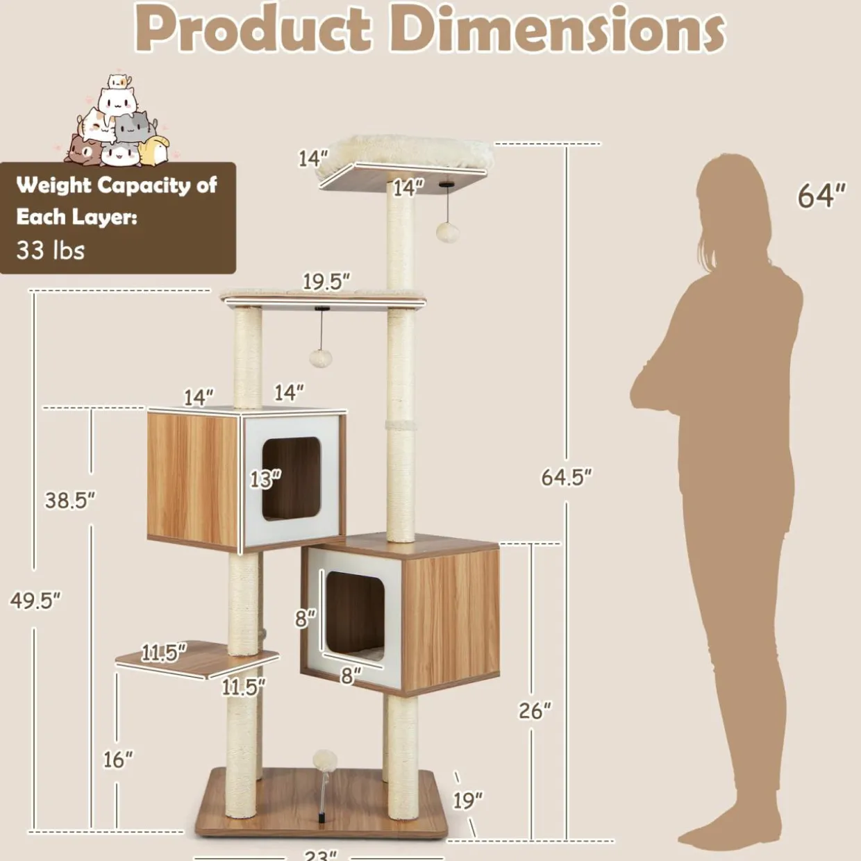 Tangkula Modern Cat Tree for Indoor Cats, 64.5 Inch Tall Cat Tower with Sisal Scratching Posts