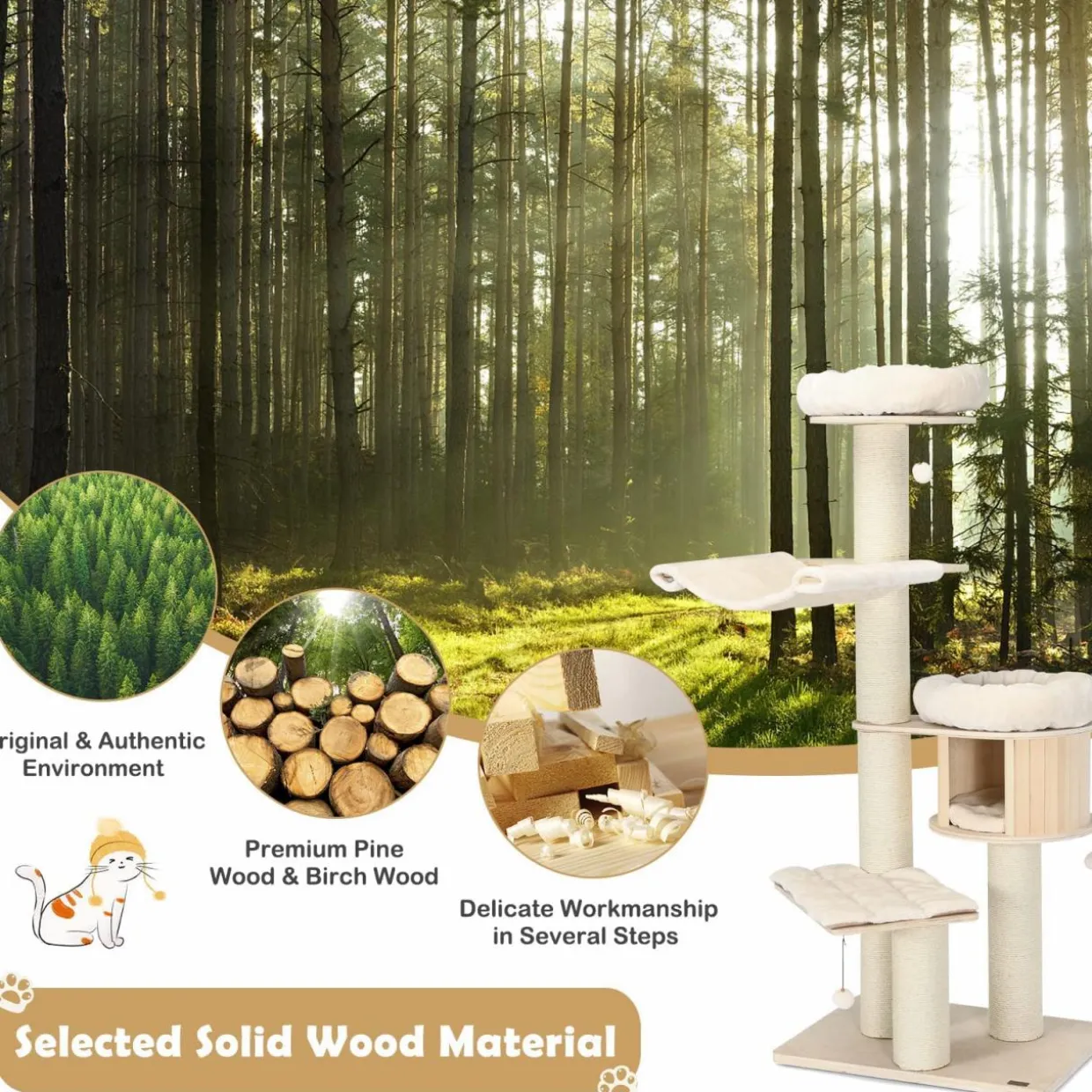 Tangkula Modern Cat Tree, Multi-Level Large Cat Tower w/Cat Condo, Hammocks & Hanging Basket