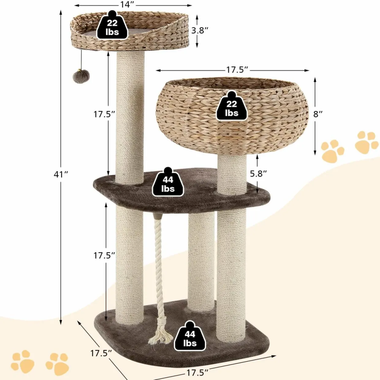 Tangkula Modern Cat Tree for Indoor Cats, 41 Inch Tall Cat Tree with Hand-Made Wicker Cat Condo & Top Perch for Large Cats