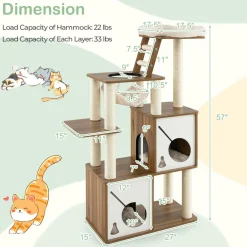 Tangkula Modern Cat Tree, 57 Inch Wood Cat Tower with Sisal Scratching Posts, Padded Top Perch