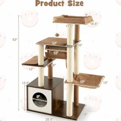 Tangkula Modern Cat Tree for Indoor Cats, 53 Inch Tall Cat Tree Tower with Hammock, Sisal Scratching Posts, Top Perch, Tunnel & Cat Condo