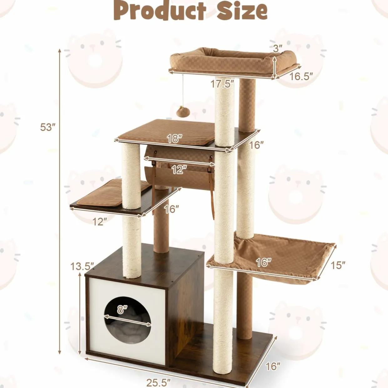 Tangkula Modern Cat Tree for Indoor Cats, 53 Inch Tall Cat Tree Tower with Hammock, Sisal Scratching Posts, Top Perch, Tunnel & Cat Condo