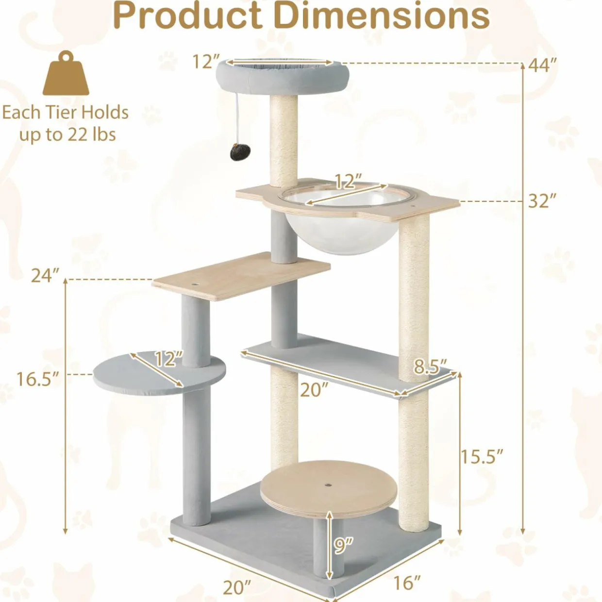 Tangkula Modern Cat Tree, 44 Inch Multi-Level Cat Tower with Removable Padded Top Perch