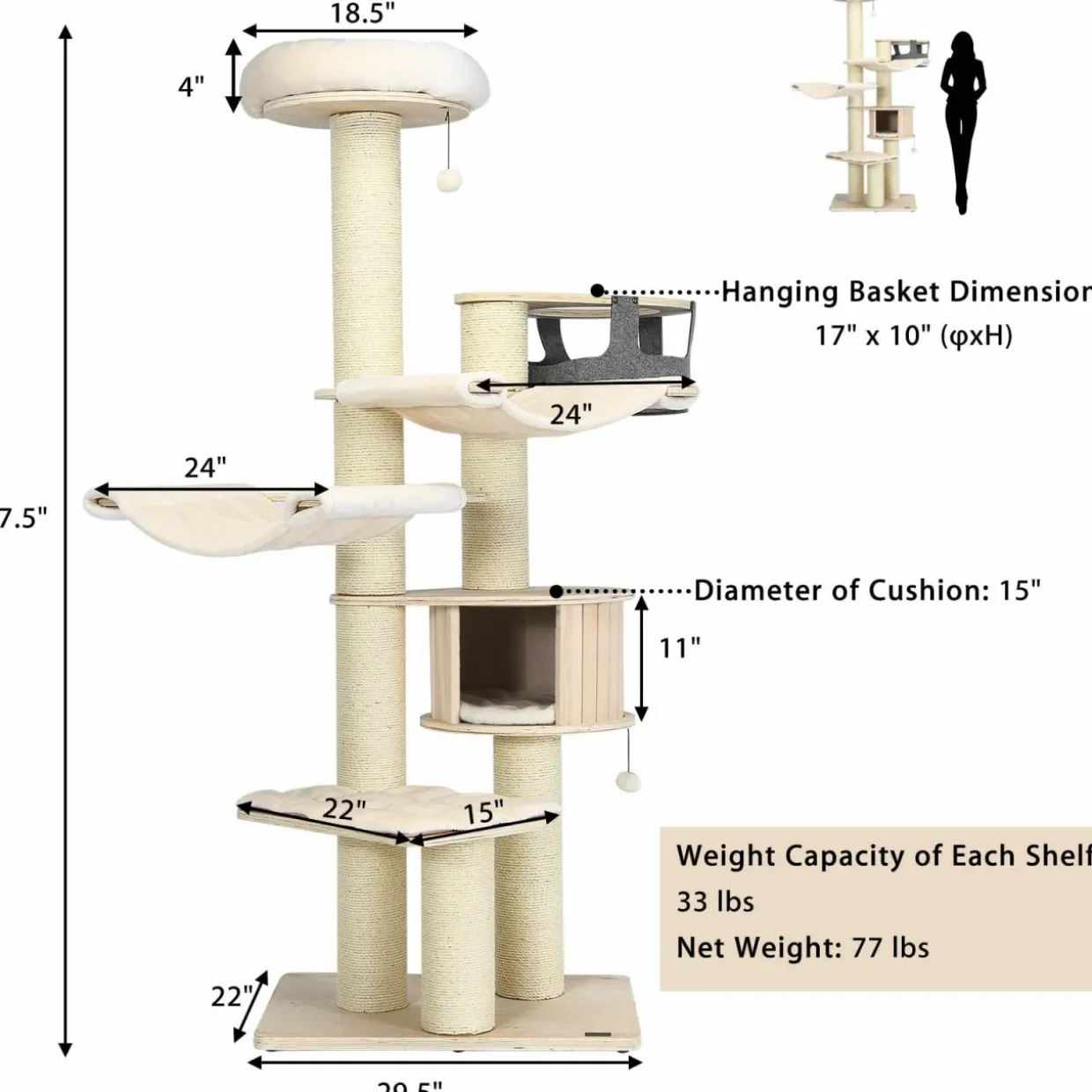 Tangkula Modern Cat Tree, Multi-Level Large Cat Tower with Sisal Scratching Posts, Hammocks, Hanging Basket