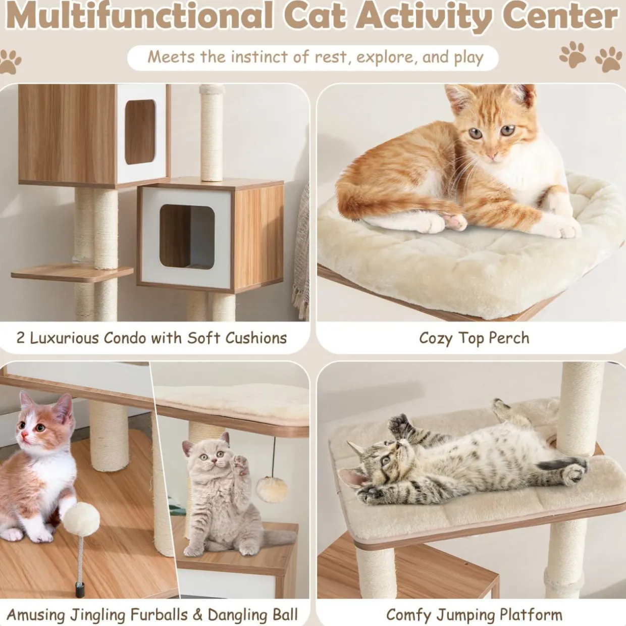 Tangkula Modern Cat Tree for Indoor Cats, 64.5 Inch Tall Cat Tower with Sisal Scratching Posts
