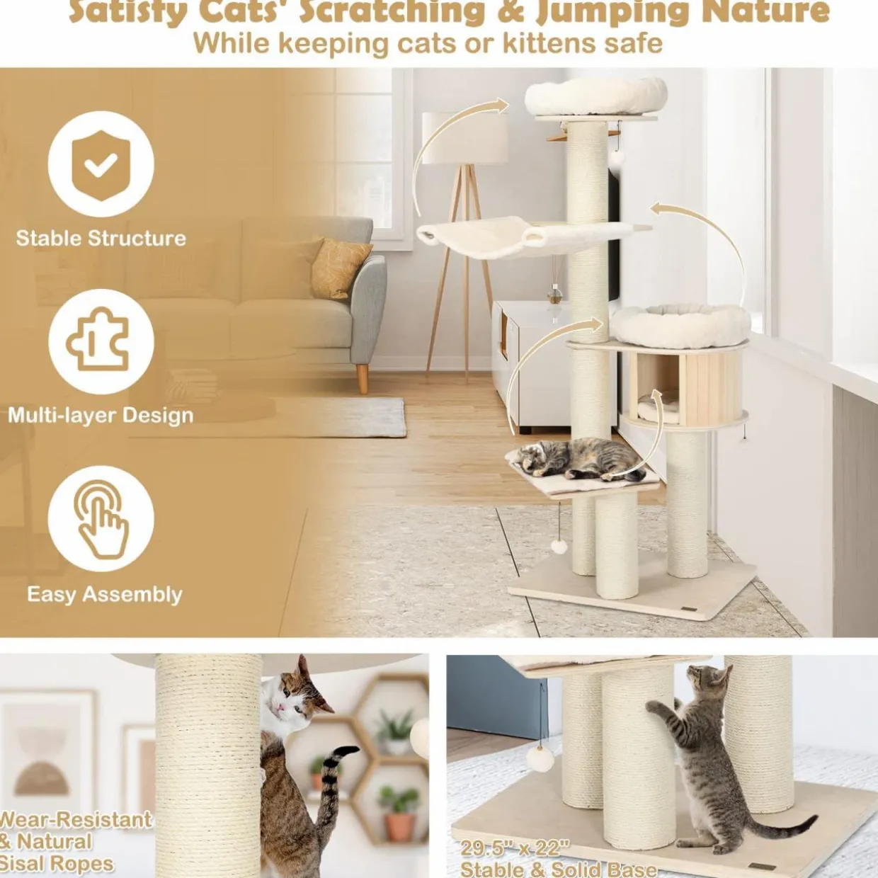 Tangkula Modern Cat Tree, Multi-Level Large Cat Tower w/Cat Condo, Hammocks & Hanging Basket