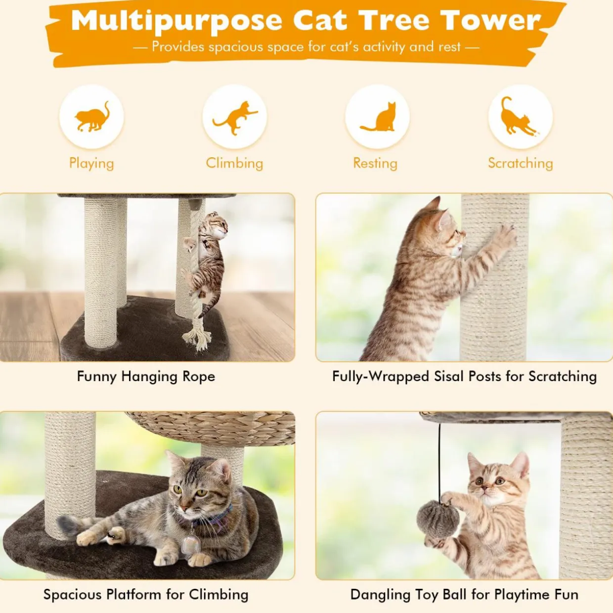 Tangkula Modern Cat Tree for Indoor Cats, 41 Inch Tall Cat Tree with Hand-Made Wicker Cat Condo & Top Perch for Large Cats