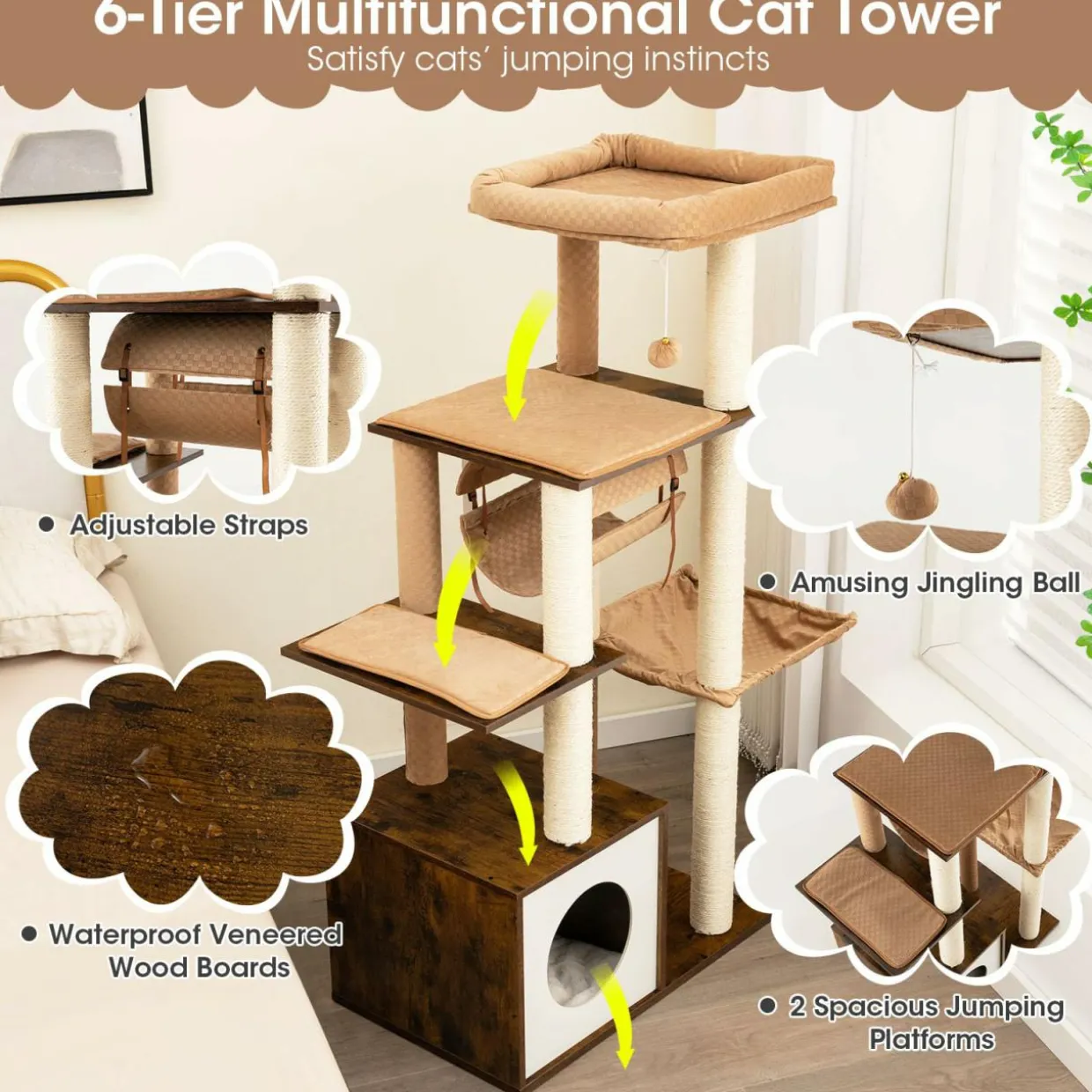 Tangkula Modern Cat Tree for Indoor Cats, 53 Inch Tall Cat Tree Tower with Hammock, Sisal Scratching Posts, Top Perch, Tunnel & Cat Condo