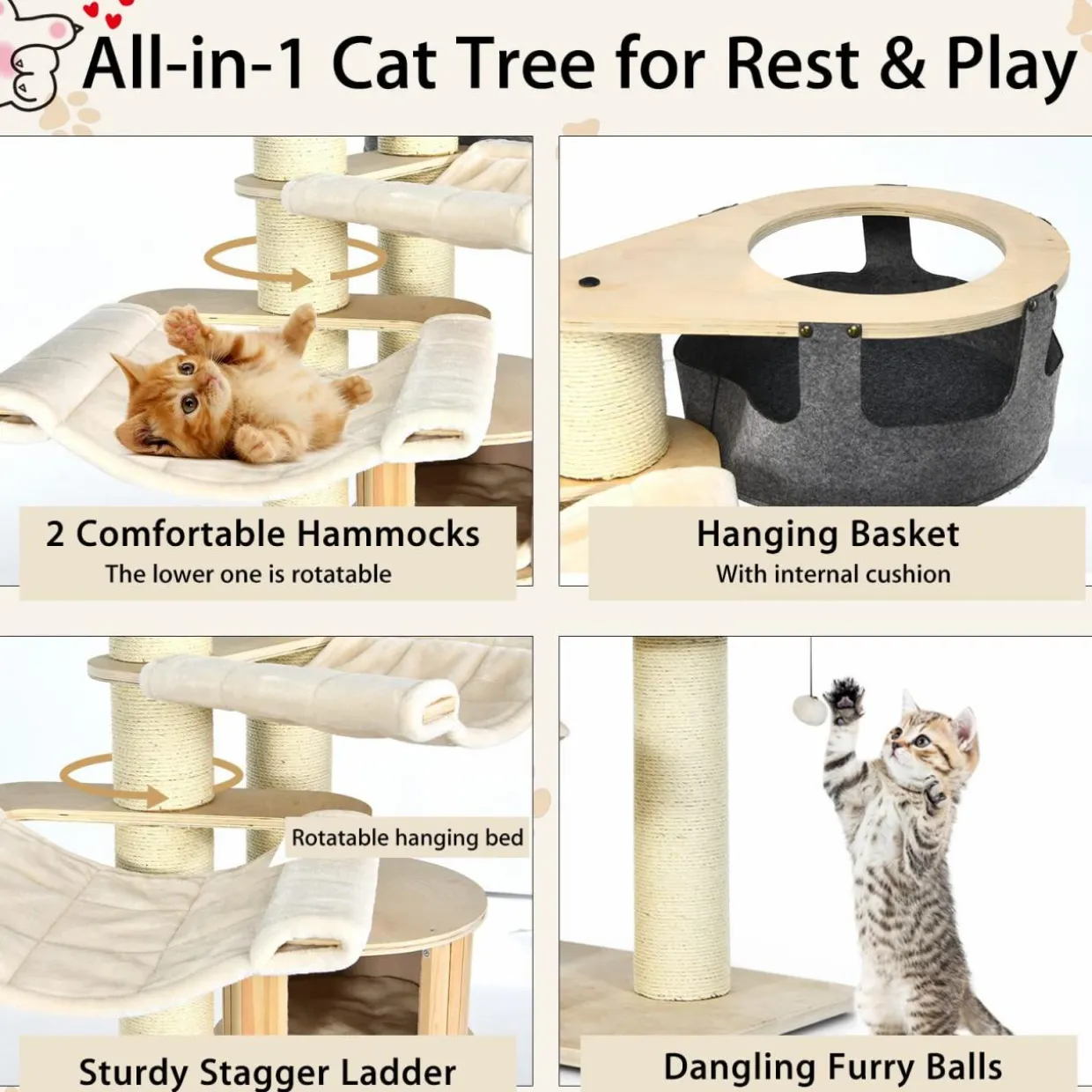Tangkula Modern Cat Tree, Multi-Level Large Cat Tower with Sisal Scratching Posts, Hammocks, Hanging Basket