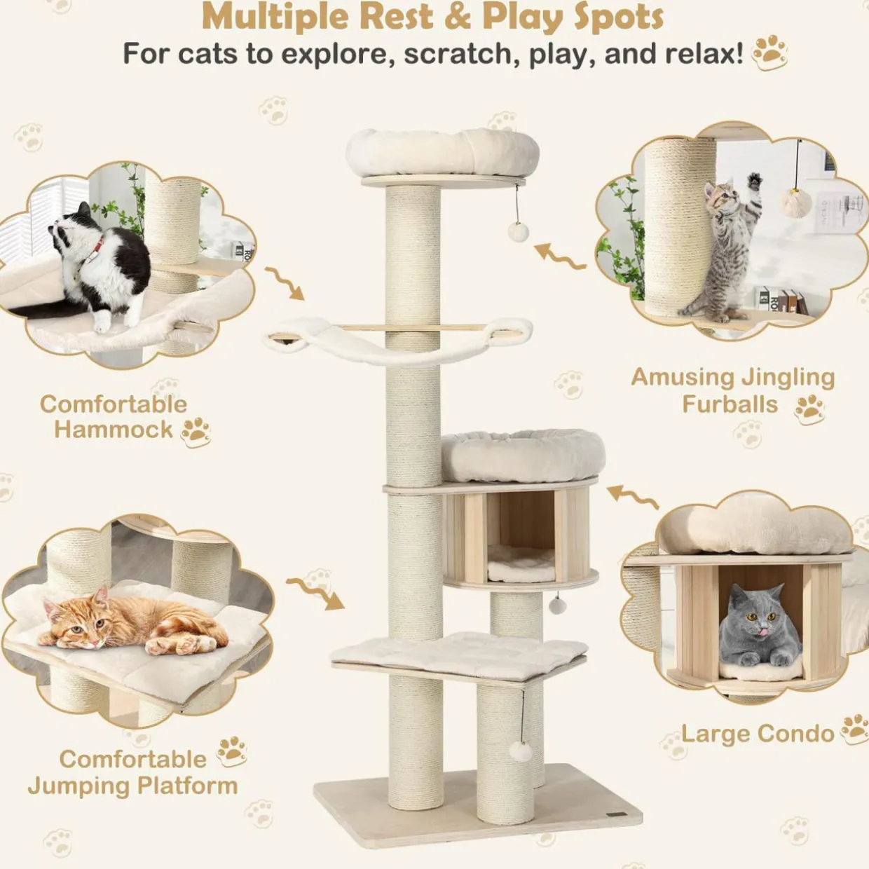 Tangkula Modern Cat Tree, Multi-Level Large Cat Tower w/Cat Condo, Hammocks & Hanging Basket