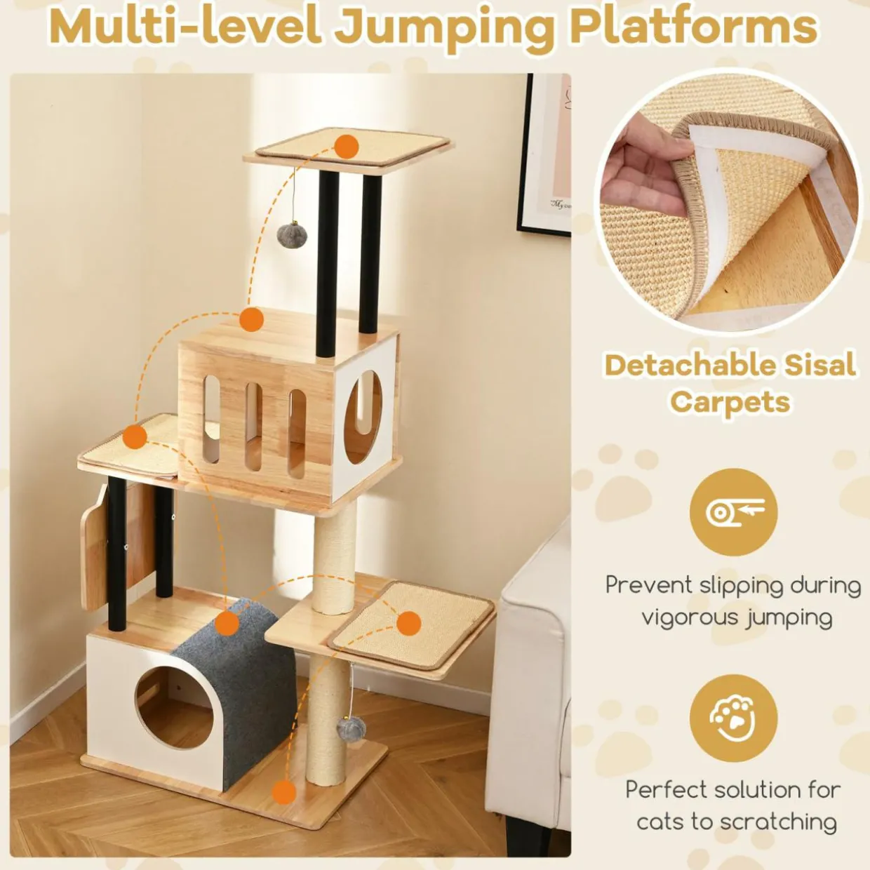 Tangkula Modern Cat Tree, Tall Multi-Level Cat Tower with Double Condos, Jumping Platforms