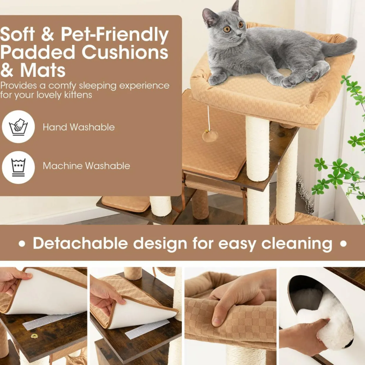 Tangkula Modern Cat Tree for Indoor Cats, 53 Inch Tall Cat Tree Tower with Hammock, Sisal Scratching Posts, Top Perch, Tunnel & Cat Condo