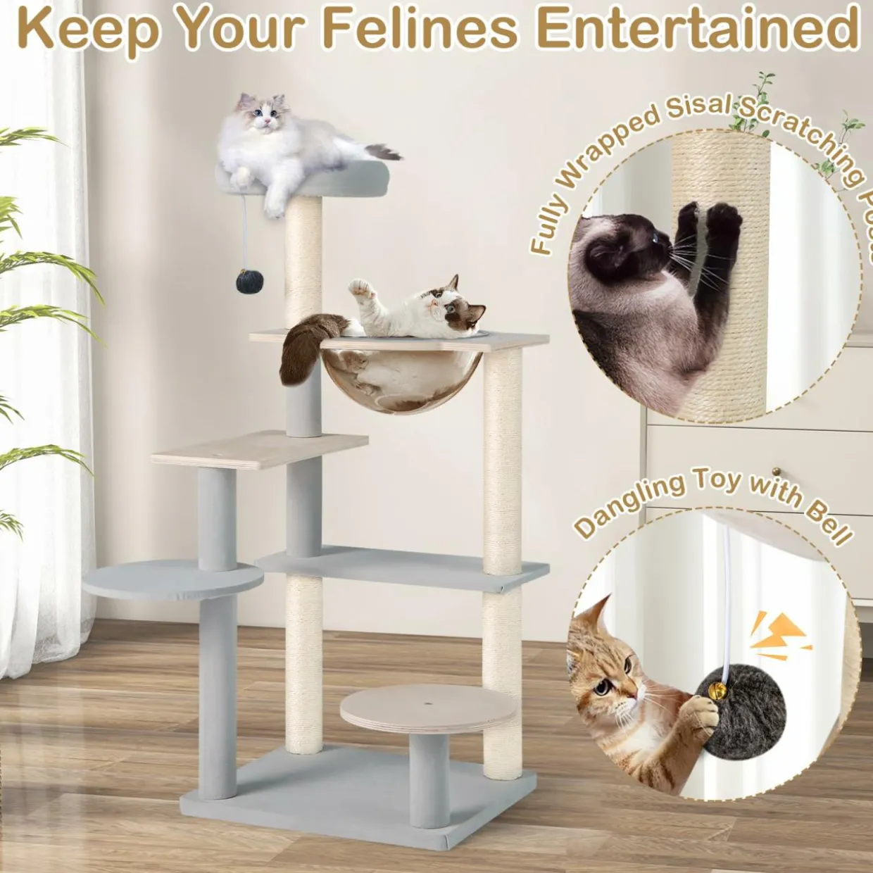 Tangkula Modern Cat Tree, 44 Inch Multi-Level Cat Tower with Removable Padded Top Perch