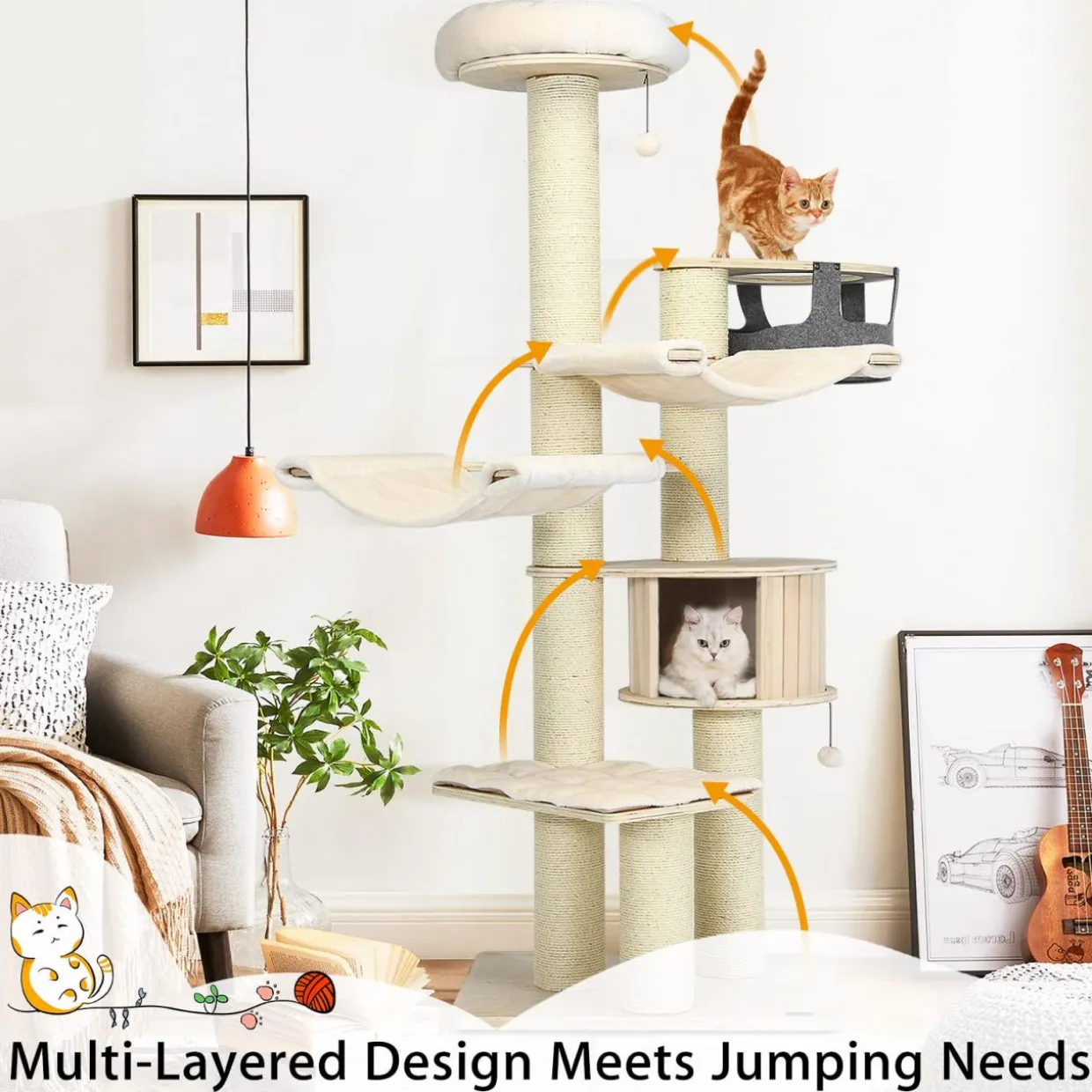 Tangkula Modern Cat Tree, Multi-Level Large Cat Tower with Sisal Scratching Posts, Hammocks, Hanging Basket