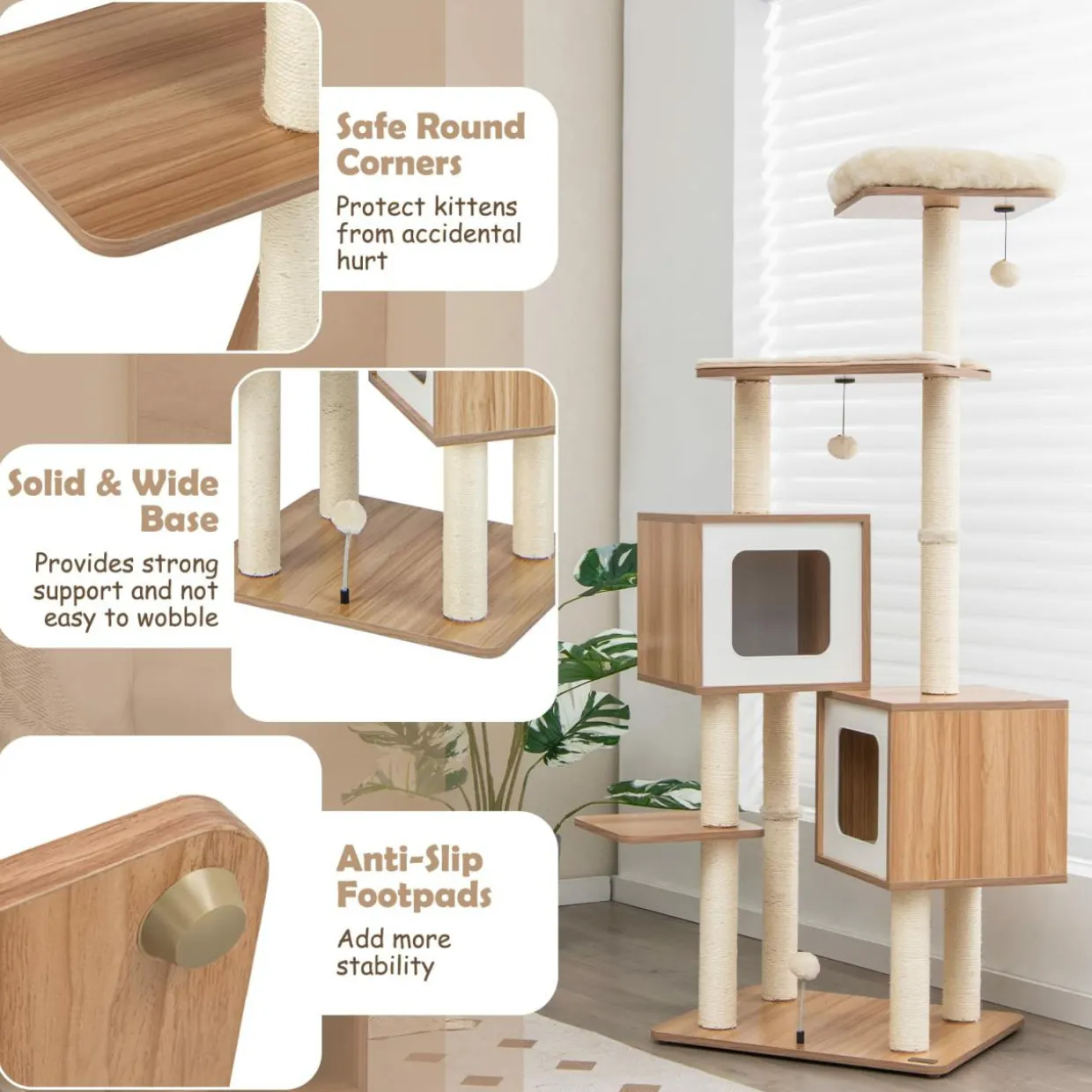 Tangkula Modern Cat Tree for Indoor Cats, 64.5 Inch Tall Cat Tower with Sisal Scratching Posts