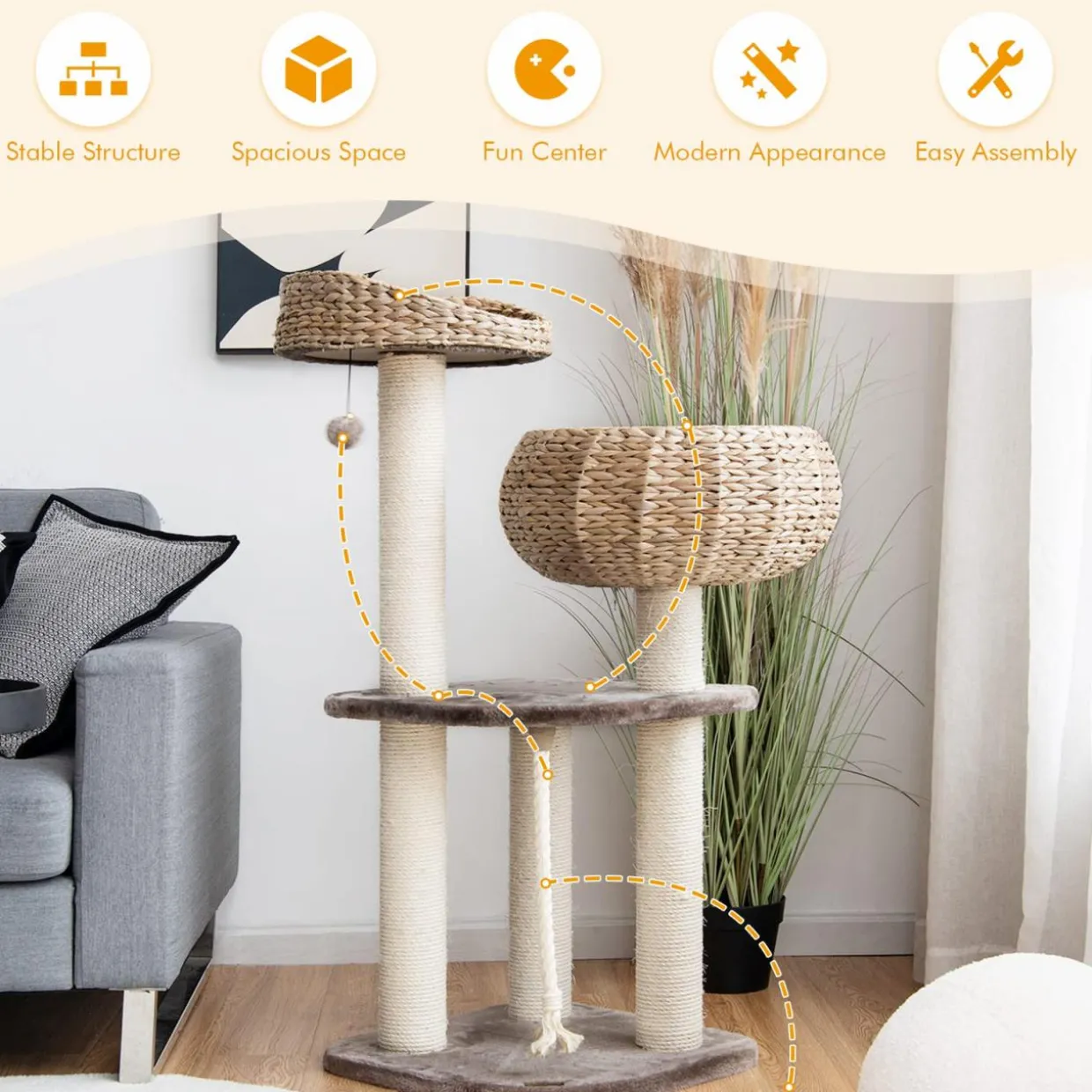 Tangkula Modern Cat Tree for Indoor Cats, 41 Inch Tall Cat Tree with Hand-Made Wicker Cat Condo & Top Perch for Large Cats