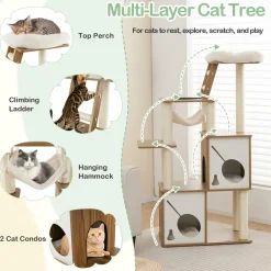 Tangkula Modern Cat Tree, 57 Inch Wood Cat Tower with Sisal Scratching Posts, Padded Top Perch