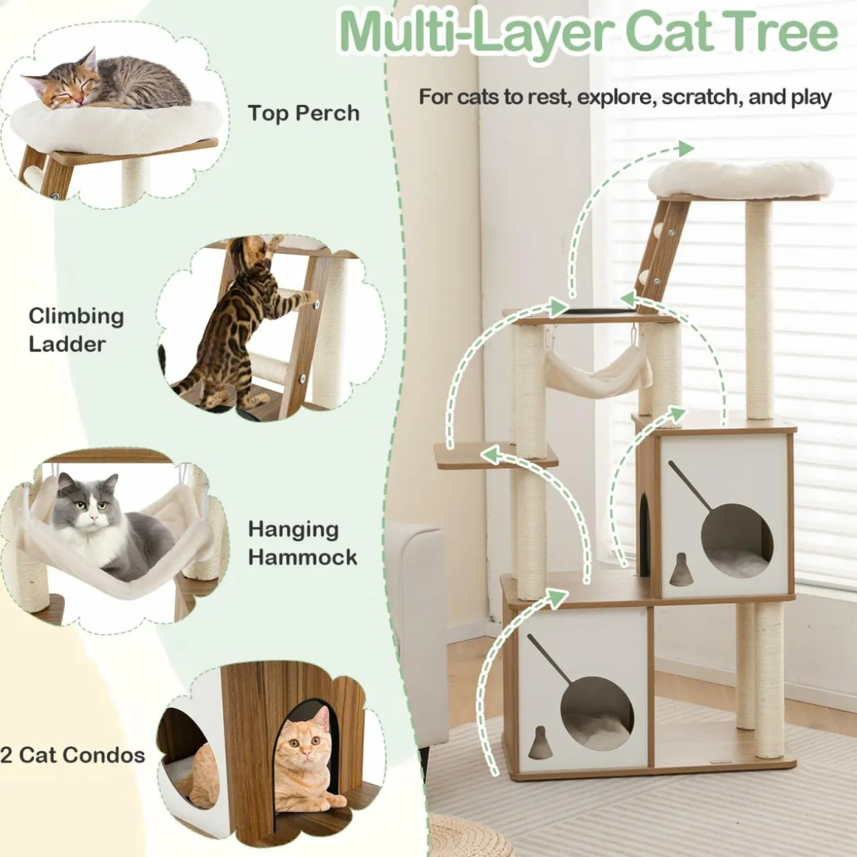 Tangkula Modern Cat Tree, 57 Inch Wood Cat Tower with Sisal Scratching Posts, Padded Top Perch