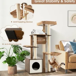 Tangkula Modern Cat Tree for Indoor Cats, 53 Inch Tall Cat Tree Tower with Hammock, Sisal Scratching Posts, Top Perch, Tunnel & Cat Condo