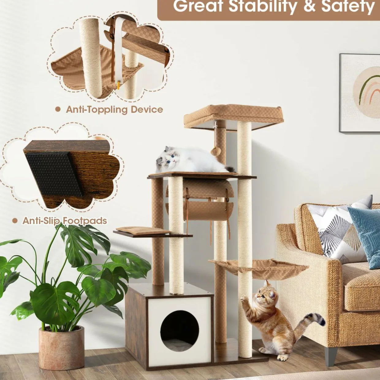 Tangkula Modern Cat Tree for Indoor Cats, 53 Inch Tall Cat Tree Tower with Hammock, Sisal Scratching Posts, Top Perch, Tunnel & Cat Condo
