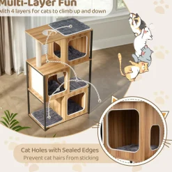 Tangkula Modern Cat Tree, 52 Inch Wooden Cat Condos with Metal Frame, Sisal Scratching Posts & Board