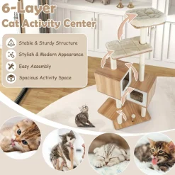 Tangkula Modern Cat Tree for Indoor Cats, 64.5 Inch Tall Cat Tower with Sisal Scratching Posts
