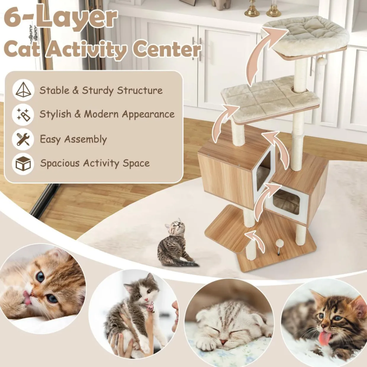 Tangkula Modern Cat Tree for Indoor Cats, 64.5 Inch Tall Cat Tower with Sisal Scratching Posts
