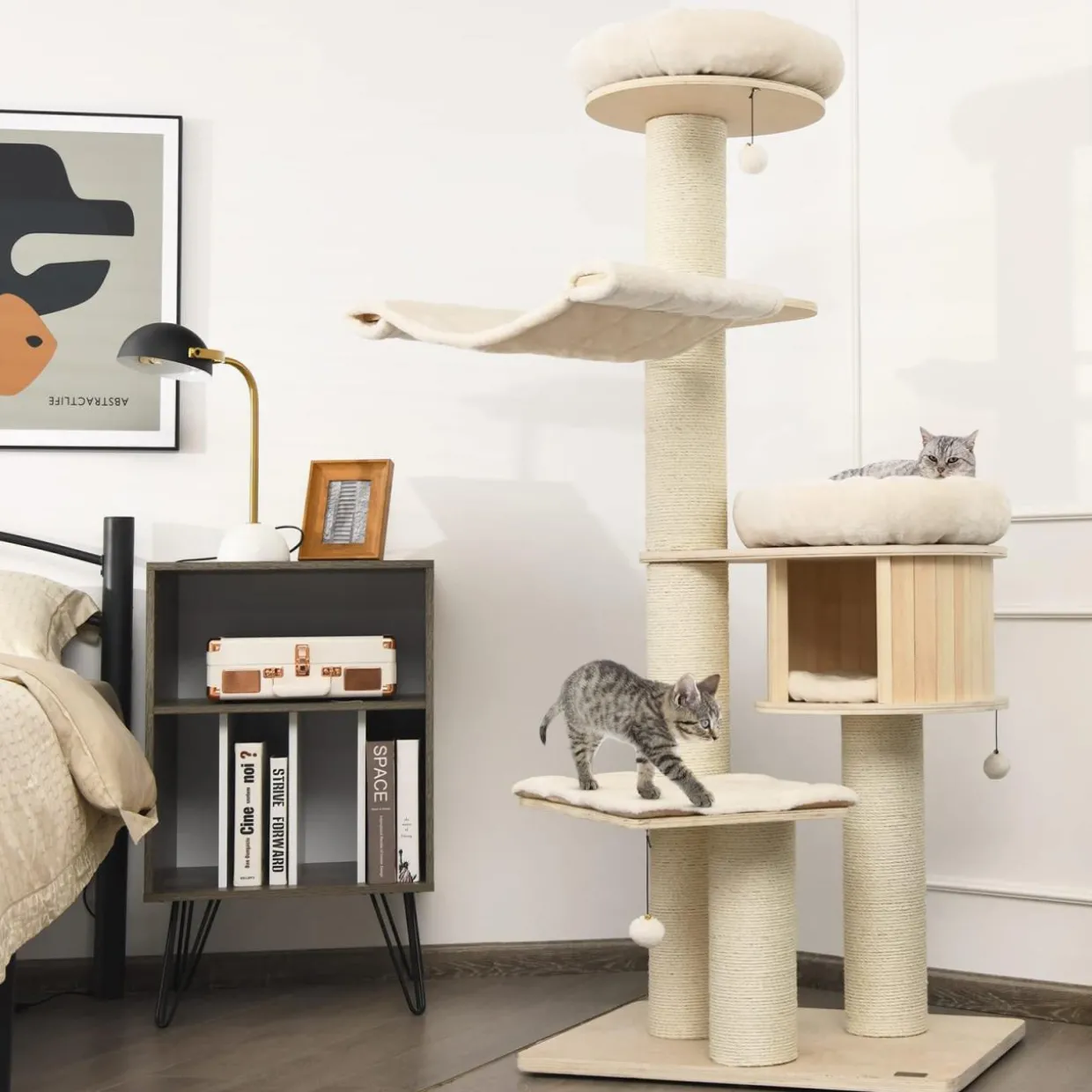 Tangkula Modern Cat Tree, Multi-Level Large Cat Tower w/Cat Condo, Hammocks & Hanging Basket