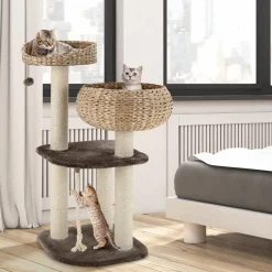 Tangkula Modern Cat Tree for Indoor Cats, 41 Inch Tall Cat Tree with Hand-Made Wicker Cat Condo & Top Perch for Large Cats