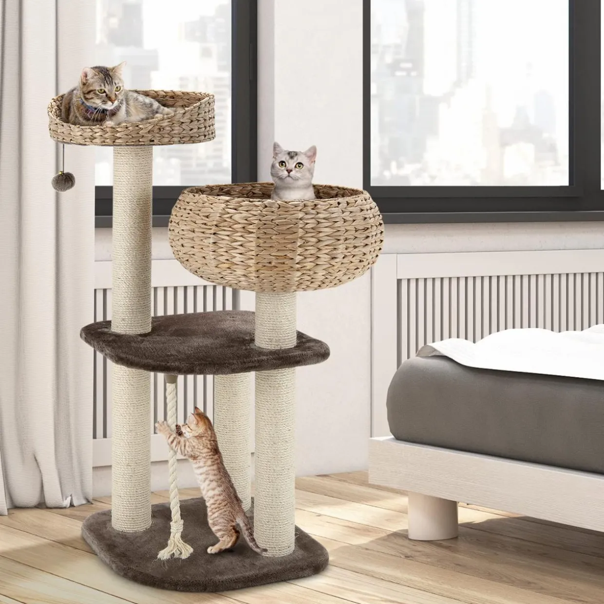 Tangkula Modern Cat Tree for Indoor Cats, 41 Inch Tall Cat Tree with Hand-Made Wicker Cat Condo & Top Perch for Large Cats